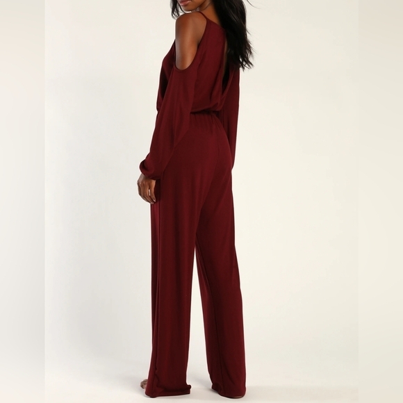 LULUS Looking to Snuggle Burgundy Cold Shoulder Lounge Jumpsuit XS - Picture 2 of 9
